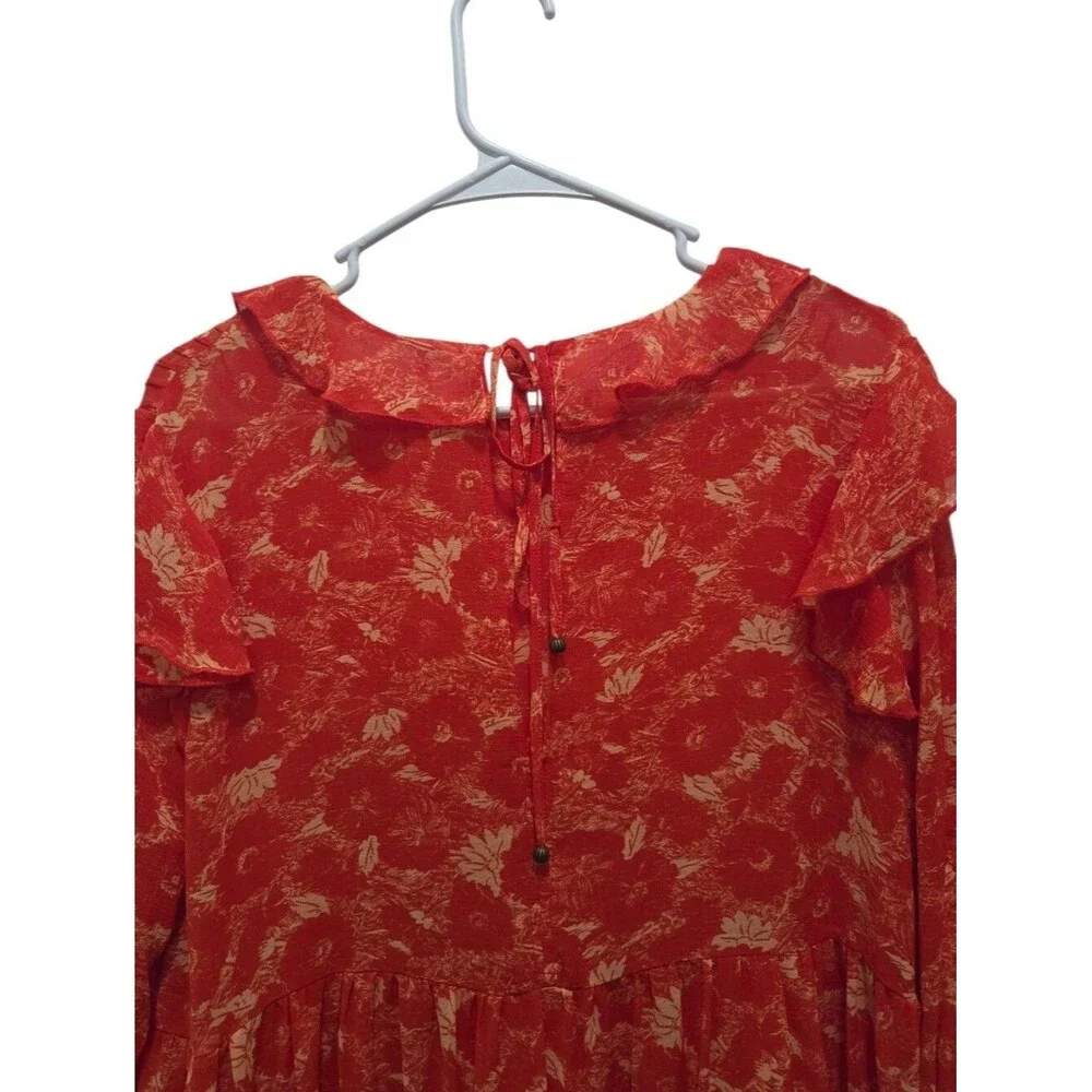 Free People These Dreams Red-Orange Floral Boho Mini Dress M Peasant READ**